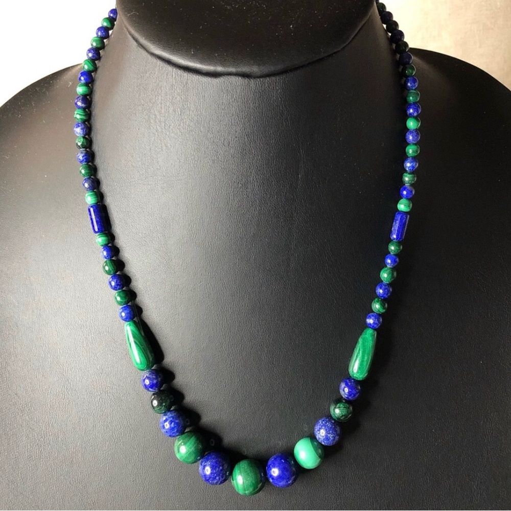 Southwestern Blue Lapis Lazuli Green Malachite Beaded Sterling Silver Necklace
